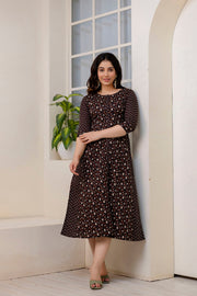 Women Black Ethnic Printed Flared Dress