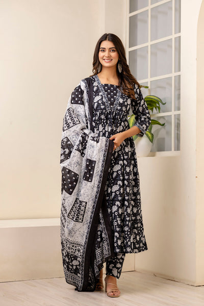 Women Black Ethnic Printed Anarkali Kurta And Trouser With Dupatta