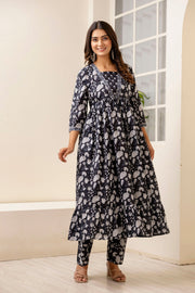 Women Black Ethnic Printed Anarkali Kurta And Trouser With Dupatta