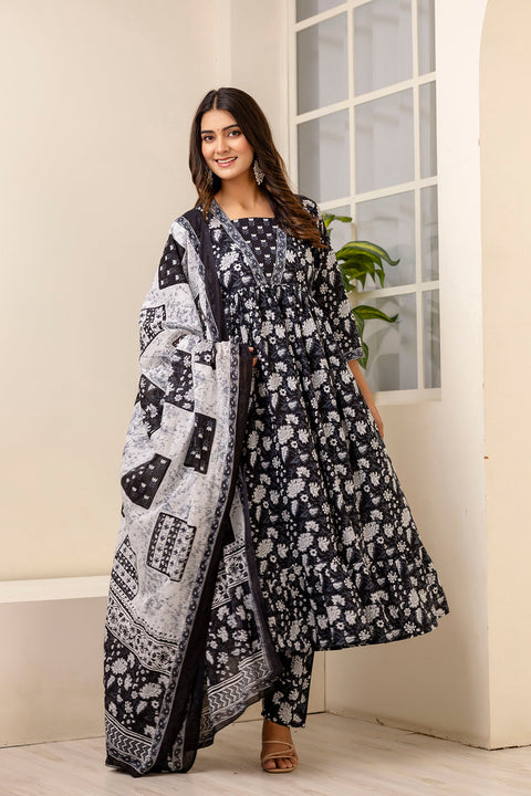 Women Black Ethnic Printed Anarkali Kurta And Trouser With Dupatta