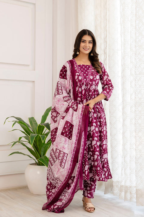 Women Purple Ethnic Printed Anarkali Kurta And Trouser With Dupatta