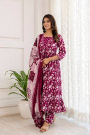 Women Purple Ethnic Printed Anarkali Kurta And Trouser With Dupatta