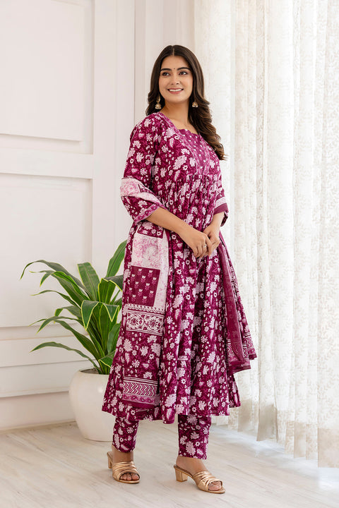 Women Purple Ethnic Printed Anarkali Kurta And Trouser With Dupatta