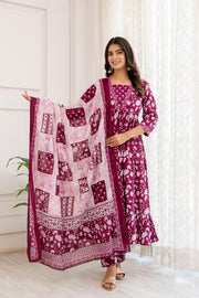 Women Purple Ethnic Printed Anarkali Kurta And Trouser With Dupatta