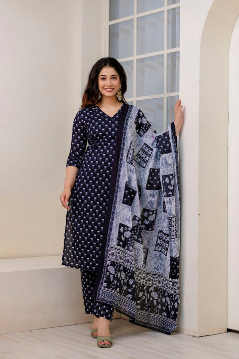 Women Black Ethnic Printed Kurta And Trouser With Dupatta