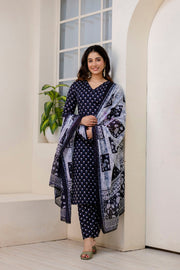 Women Black Ethnic Printed Kurta And Trouser With Dupatta