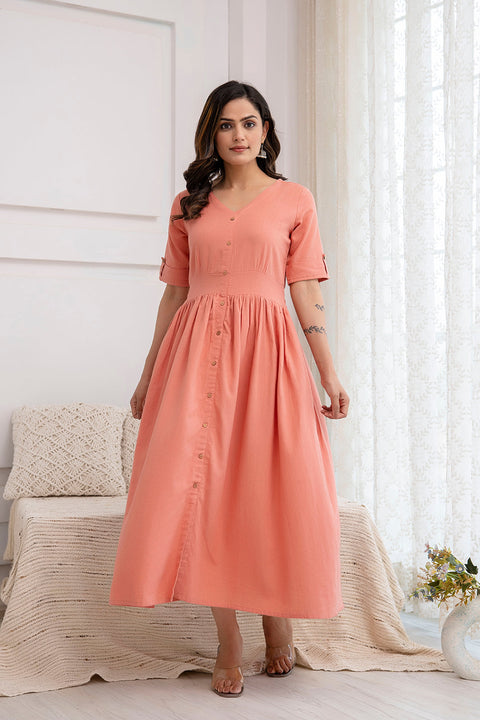 Women Solid Peach Color V- Neck Flared Dress