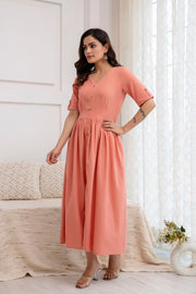 Women Solid Peach Color V- Neck Flared Dress