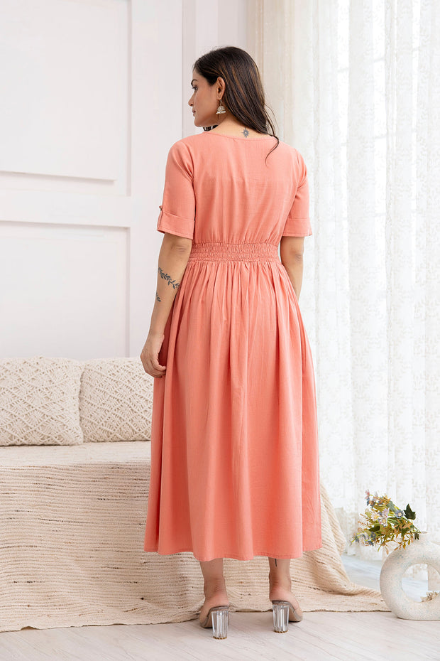 Women Solid Peach Color V- Neck Flared Dress