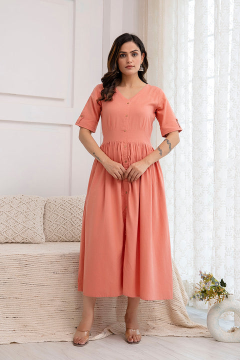 Women Solid Peach Color V- Neck Flared Dress