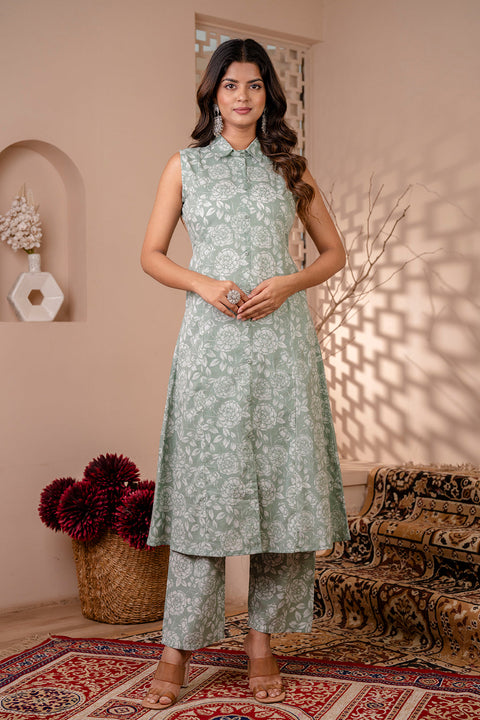 Women Green Printed A-Line Kurta With Trouser