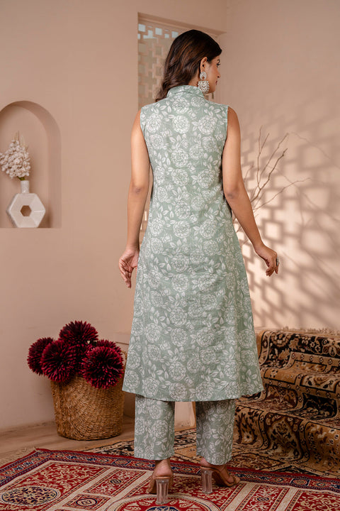 Women Green Printed A-Line Kurta With Trouser