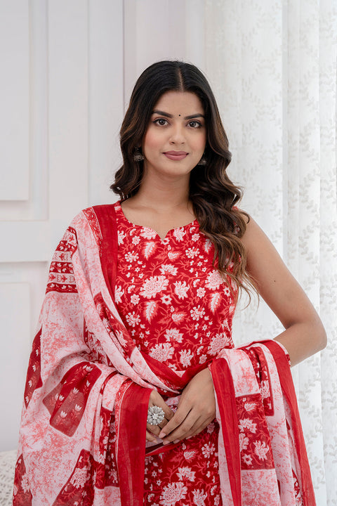 Women Red Printed Kurta With Trouser and Dupatta