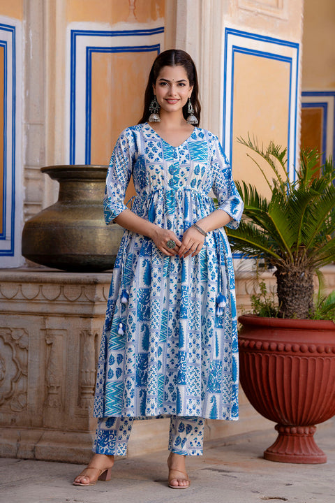 Off White Printed Anarkali Kurta Set With Dupatta For Women