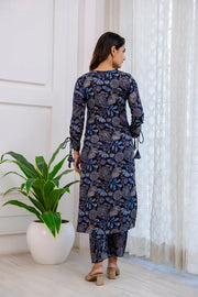 Women Navy Blue Ethnic Printed Straight Kurta With Trouser