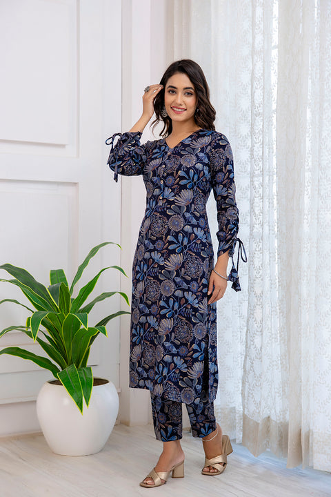 Women Navy Blue Ethnic Printed Straight Kurta With Trouser