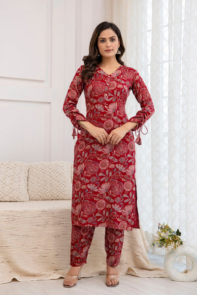 Women Maroon Printed Straight Kurta With Trouser