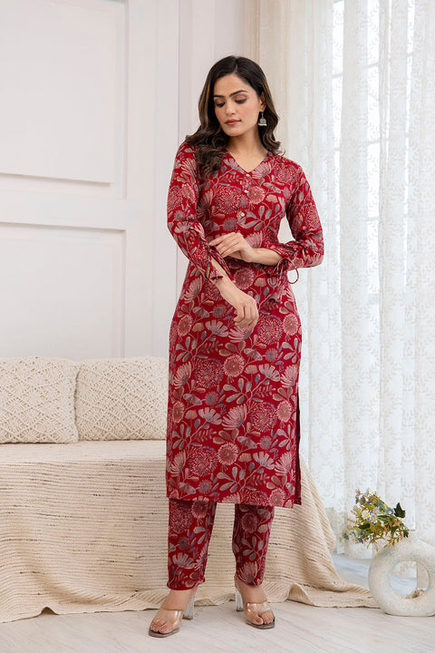 Women Maroon Printed Straight Kurta With Trouser