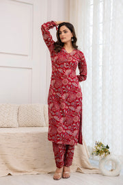 Women Maroon Printed Straight Kurta With Trouser