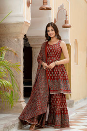 Nayo Maroon Printed Kurti and Sharara Set With Dupatta