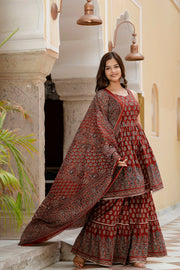 Nayo Maroon Printed Kurti and Sharara Set With Dupatta