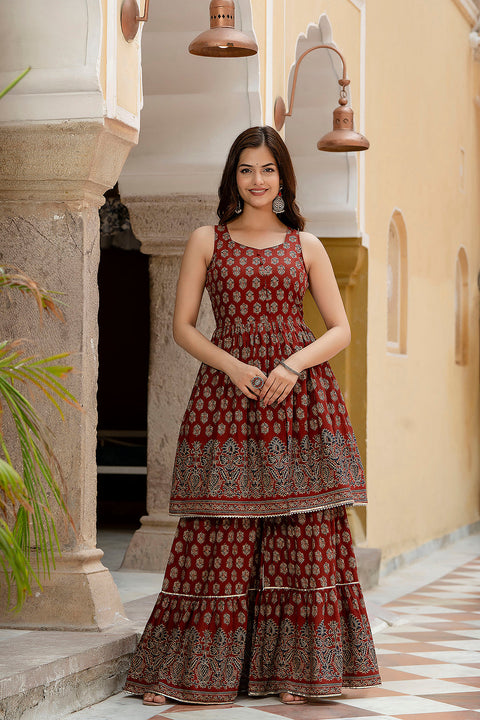 Nayo Maroon Printed Kurti and Sharara Set With Dupatta