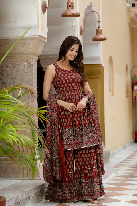 Nayo Maroon Printed Kurti and Sharara Set With Dupatta