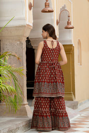 Nayo Maroon Printed Kurti and Sharara Set With Dupatta