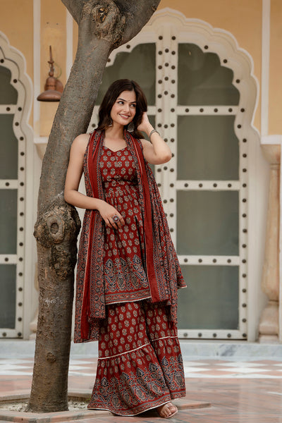 Nayo Maroon Printed Kurti and Sharara Set With Dupatta