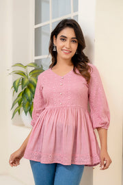 Nayo Pink Schiffli V-Neck Peplum Short Kurti