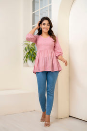 Nayo Pink Schiffli V-Neck Peplum Short Kurti