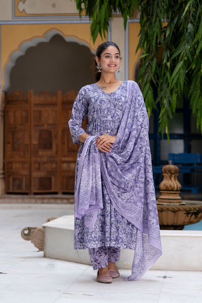 Nayo Purple Printed Anarkali Kurta Set With Dupatta For Women