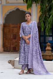 Nayo Purple Printed Anarkali Kurta Set With Dupatta For Women