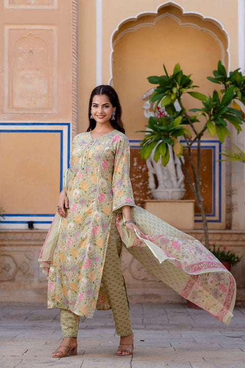 Women Green Printed Straight Kurta And Trouser With Dupatta