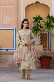 Women Green Printed Straight Kurta And Trouser With Dupatta