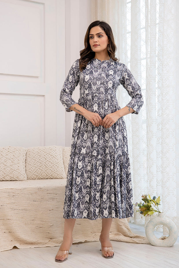 Women Grey Ethnic Printed Flared Dress