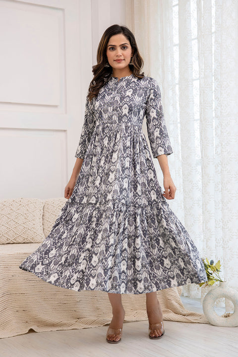 Women Grey Ethnic Printed Flared Dress