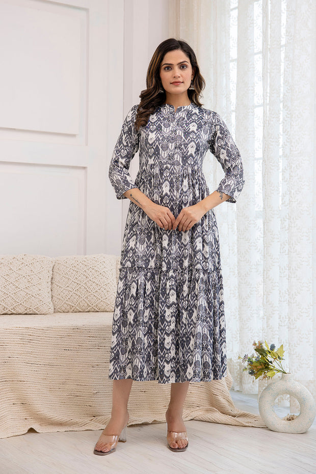 Women Grey Ethnic Printed Flared Dress