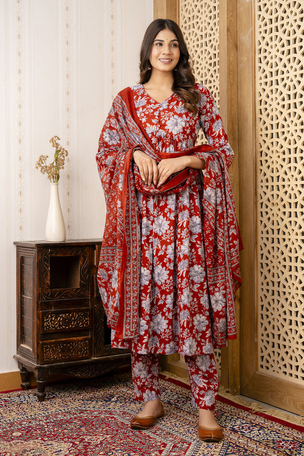 Women Maroon Floral Printed Anarkali Kurta And Trouser With Dupatta