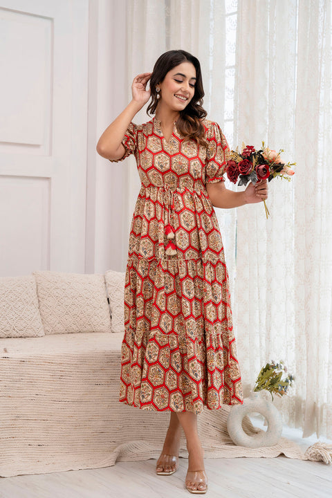 Women Red Printed Flared Dress