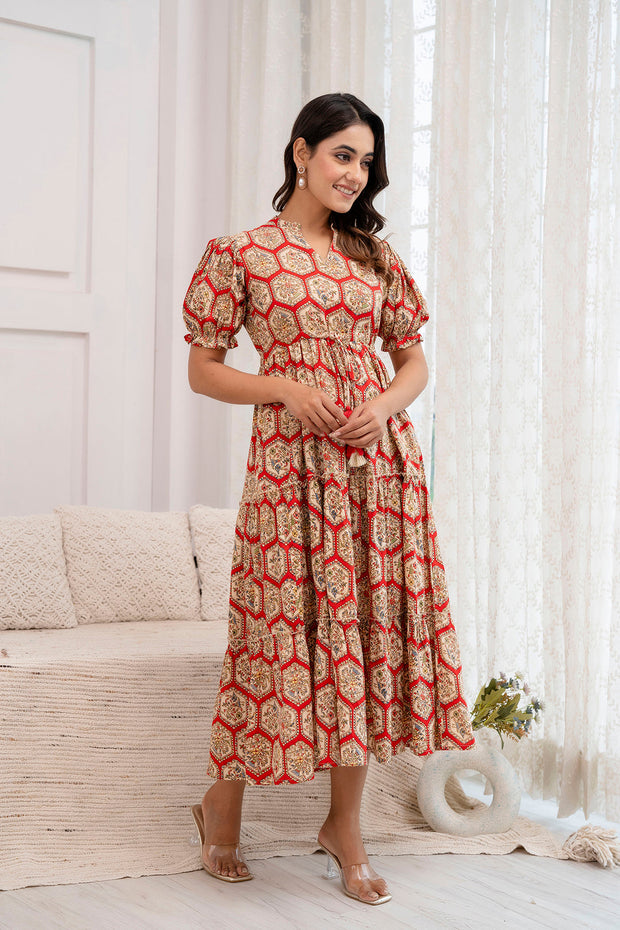 Women Red Printed Flared Dress