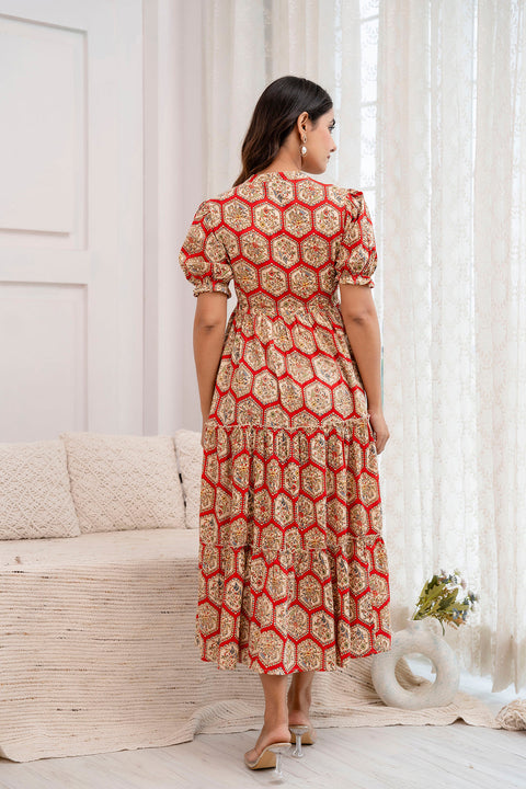 Women Red Printed Flared Dress