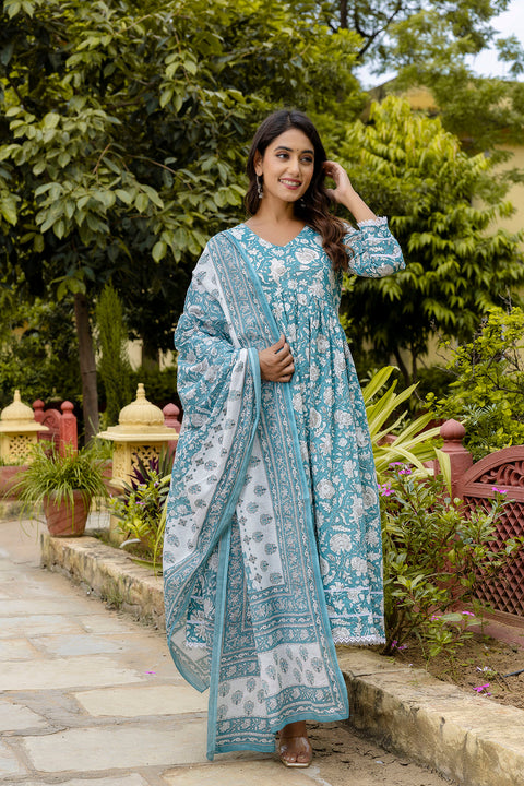 Nayo Blue Printed Anarkali Kurta Set With Dupatta For Women