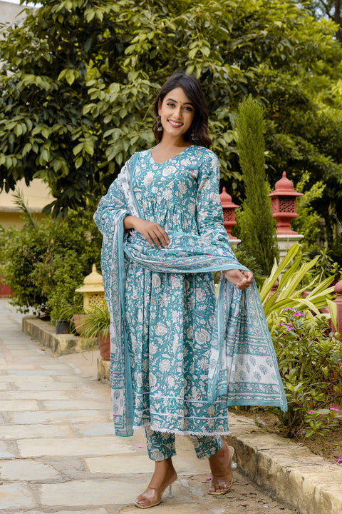 Nayo Blue Printed Anarkali Kurta Set With Dupatta For Women