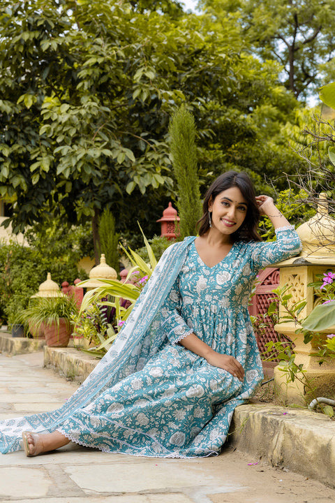 Nayo Blue Printed Anarkali Kurta Set With Dupatta For Women