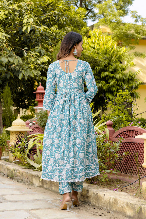 Nayo Blue Printed Anarkali Kurta Set With Dupatta For Women