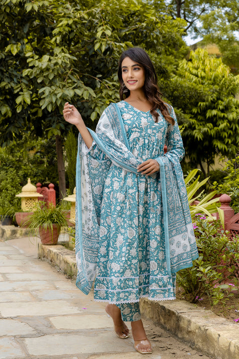 Nayo Blue Printed Anarkali Kurta Set With Dupatta For Women