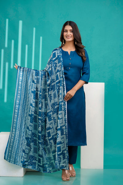 Teal Blue Straight Kurta Set With Printed Dupatta for Women