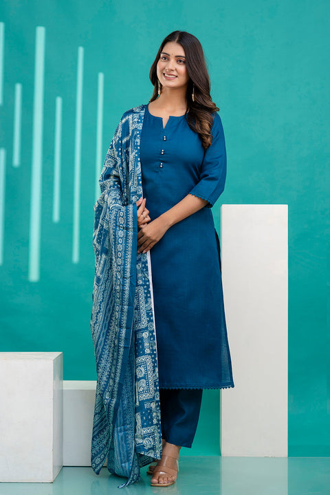 Teal Blue Straight Kurta Set With Printed Dupatta for Women