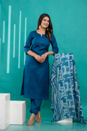 Teal Blue Straight Kurta Set With Printed Dupatta for Women